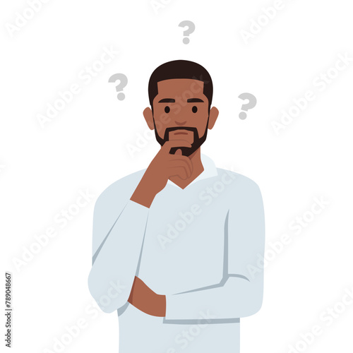 Young man is thinking. Question mark. Flat vector illustration isolated on white background