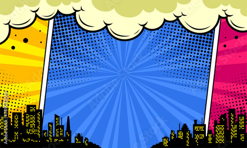 Colorful comic scene background with city silhouette