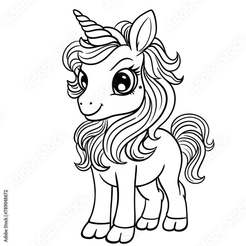Happy Unicorn Coloring Page, Beautiful Cartoon Fairytale Cute Baby Unicorn, Magic Pony, Unicorn Outline Illustration 