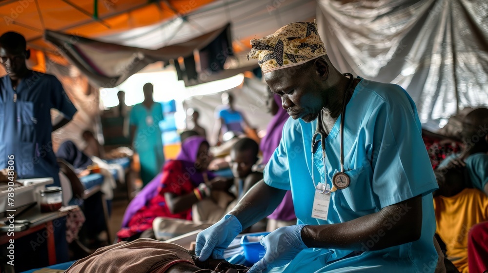 A doctor treating a wounded person in a makeshift hospital. The hospital is overcrowded, and the doctor is working under difficult conditions.