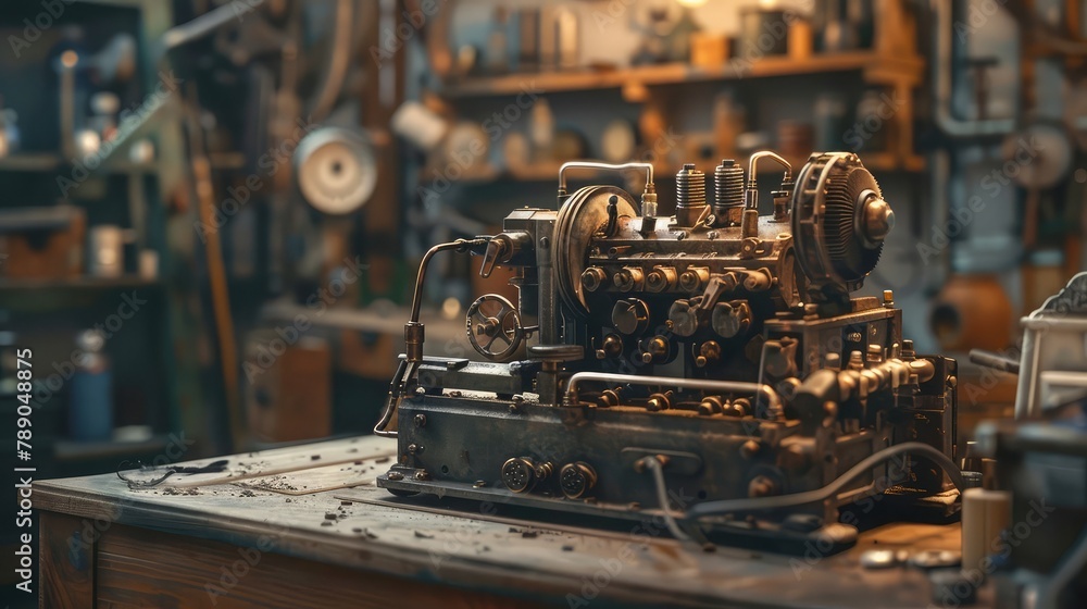 Intricately detailed vintage mechanical engine model showcased on a wooden bench with a blurred workshop background.