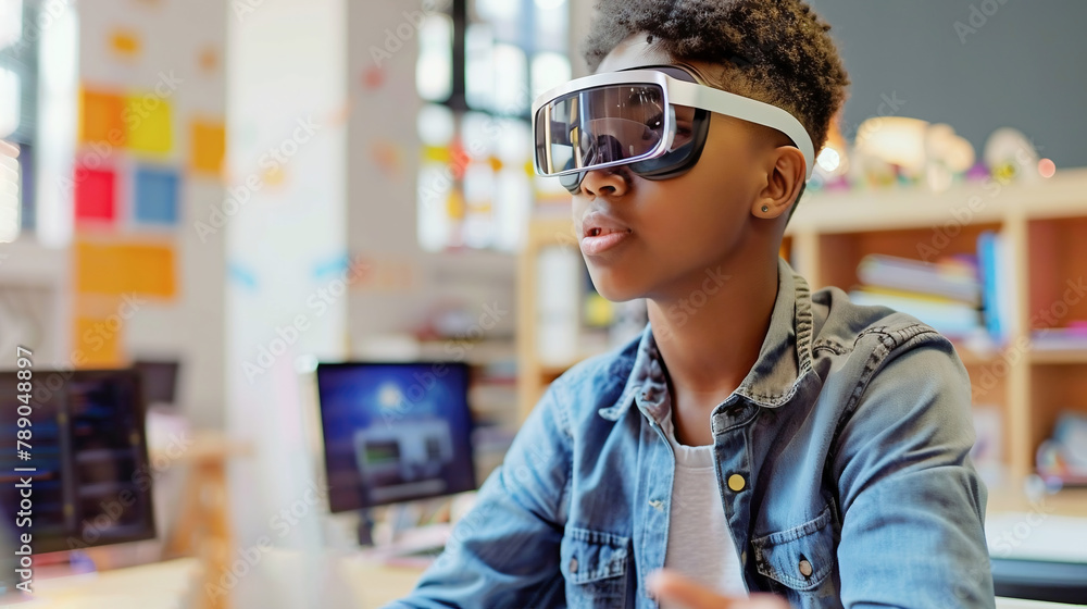African American boy uses VR glasses while participating in interactive learning. Simulation science, futuristic gadget, virtual reality African American boy uses VR glasses while participating in interactive learning. Simulation science, futuristic gadget, virtual reality
