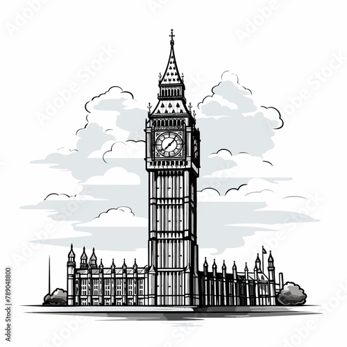 Big Ben hand-drawn comic illustration. Big Ben. Vector doodle style cartoon illustration