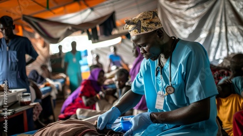 A doctor treating a wounded person in a makeshift hospital. The hospital is overcrowded, and the doctor is working under difficult conditions. photo