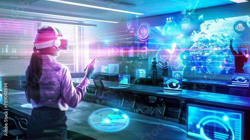 Futuristic classroom scene with students using vr glasses for education  virtual reality in the school