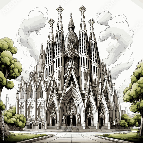 Sagrada Familia hand-drawn comic illustration. Sagrada Familia. Vector doodle style cartoon illustration