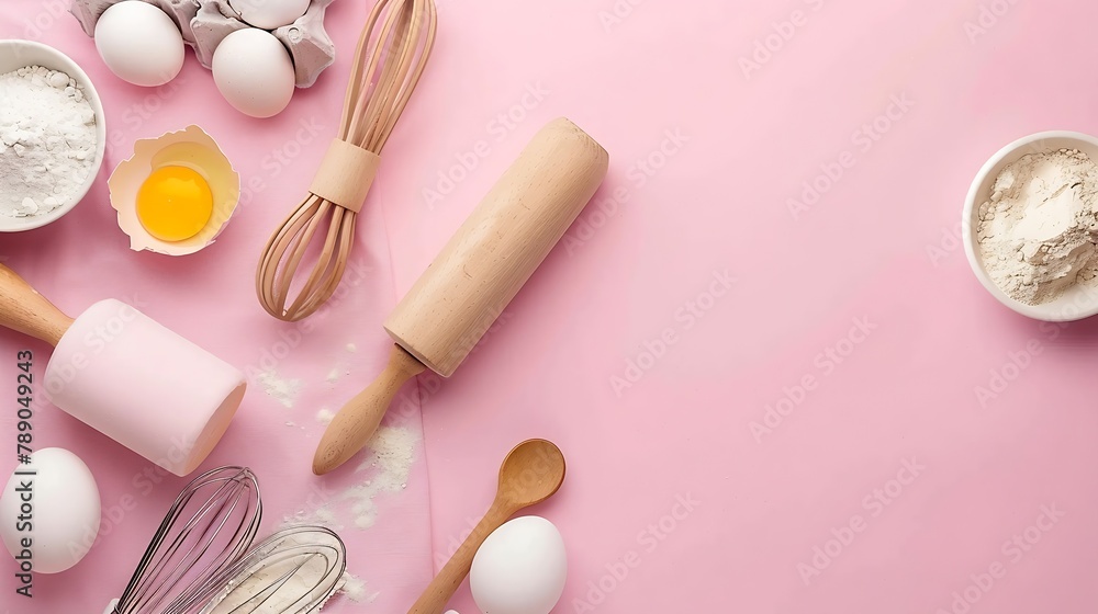 Baking background Cooking simple ingredients for cookies dough eggs flour rolling pin wisk wooden utensils on pink backgroundTop view Flat lay Copy space Banner : Generative AI