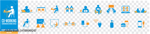 Co-working space line icon set. Included icons as coworkers, coworking, sharing office, business, company, work and more.
