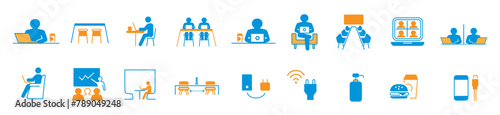 Co-working space line icon set. Included icons as coworkers, coworking, sharing office, business, company, work and more.