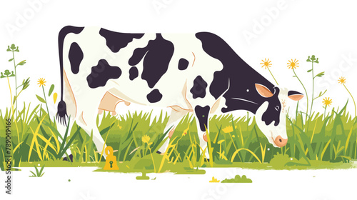 Milk cow grazing on pasture field eating green grass.