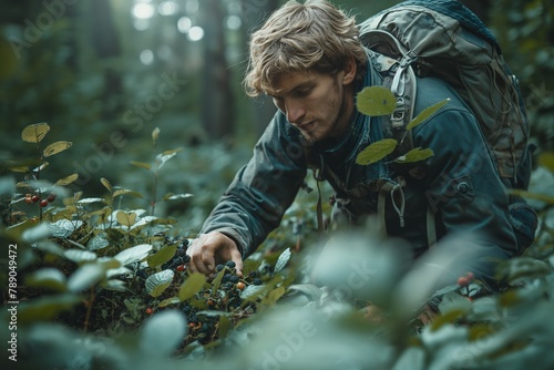 AI generated illustration of a young man in a green jacket harvesting berries in the forest