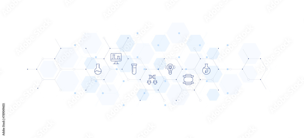 Science banner vector illustration. Style of icon between. Containing chemistry, experiment, clone, onlineclass, testtube, lightbulb, force.