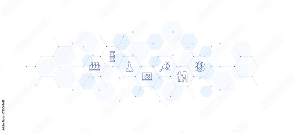 Science banner vector illustration. Style of icon between. Containing datascience, science, testtube, dna, sciencefair.