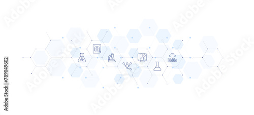 Science banner vector illustration. Style of icon between. Containing book, flask, ufo, nano, poster, microscope, radiation.