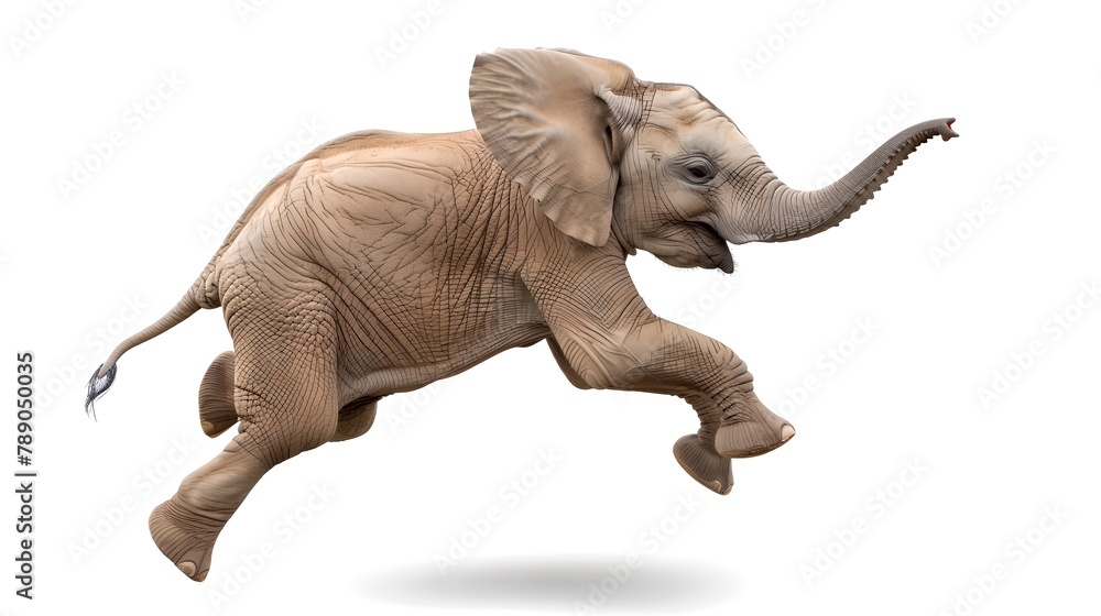 Fototapeta premium Baby Elephant in Mid-Stride with Joyful Expression. Isolated on White, Ideal for Comical or Nature Themes. Captured in Motion, Ears Flapping. Photo Stock Image. AI