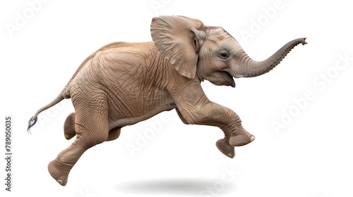 Baby Elephant in Mid-Stride with Joyful Expression. Isolated on White, Ideal for Comical or Nature Themes. Captured in Motion, Ears Flapping. Photo Stock Image. AI © Irina Ukrainets