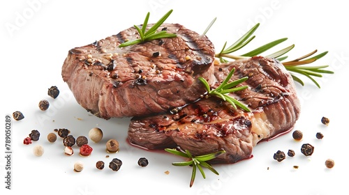 Juicy grilled steaks with fresh rosemary and mixed peppercorns. Perfect for menu images or food blogs. High-quality stock food photography. AI