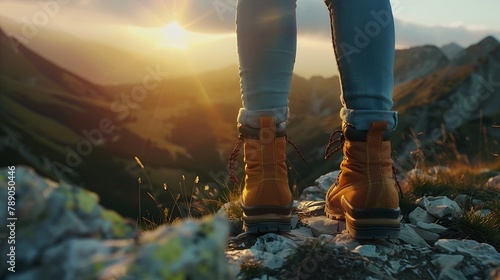 Hiking boot Closeup of female legs in hiking boots on a hiking trail on top of a mountain outdoors Travel vacation concept : Generative AI photo