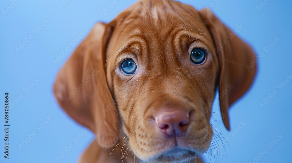 Closeup peeking vizsla puppy dog summer or spring Isolated on blue background : Generative AI