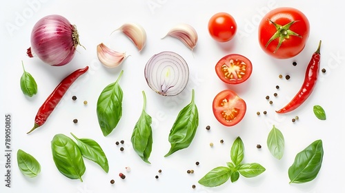 Various fresh vegetables and herbs on white backgroundIngredients for cooking concept sweet basil tomato garlic pepper and onion with flat lay : Generative AI photo