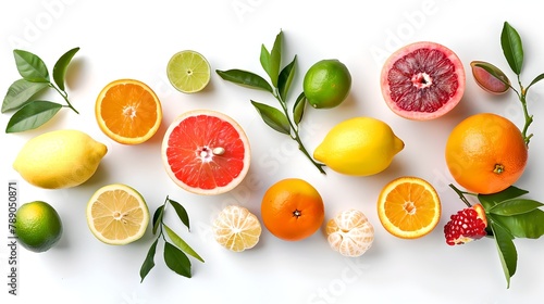 Bright Citrus Fruits on White Backdrop. Freshness and Vitamins Concept. Ideal for Healthy Lifestyle Promotion. Top View, Copy Space. AI
