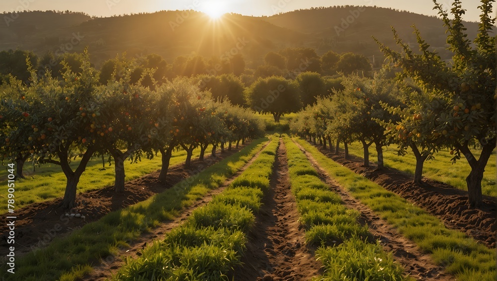 Naklejka premium A panoramic view of an orchard with rows of fruit trees, bathed in golden sunrise light Generative AI