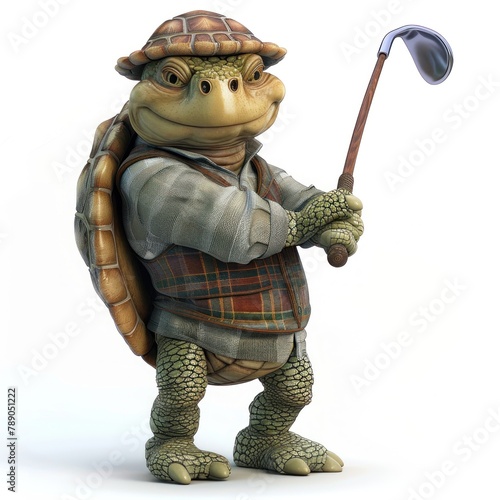 A turtle wearing a hat and a vest holding a golf club photo