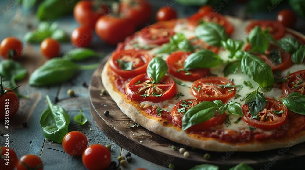A pizza with tomatoes and basil on top of a wooden board A pizza with tomatoes and basil on top of a wooden board