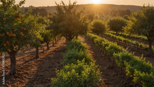 A panoramic view of an orchard with rows of fruit trees  bathed in golden sunrise light Generative AI