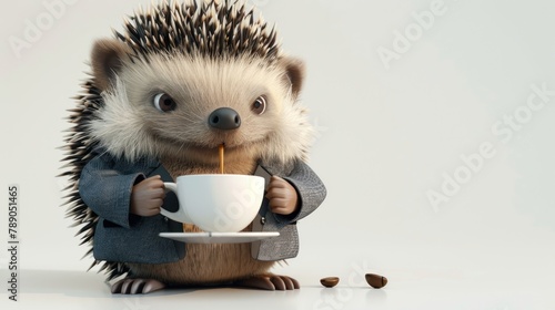 A cute hedgehog is holding a white coffee cup and drinking from it