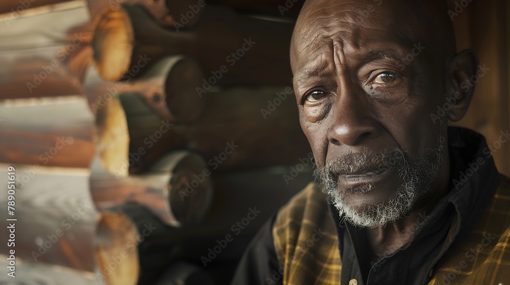 Closeup portrait of bald and bearded african american senior man in log cabin : Generative AI