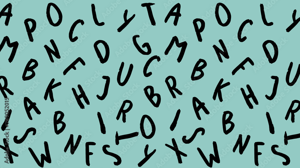 template with the image of keyboard symbols. set of letters. Surface template. pastel green blue background. Horizontal image.