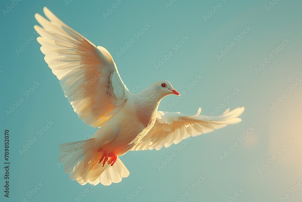 Fototapeta premium Illustration of white bird spreading wings and flying in the sky on beautiful background It represents the freedom that everyone desires, their hopes, dreams, and the spirit that yearns for freedom.