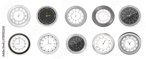 PNG, Modern white, black round wall clocks, black watch face and time watch mockup. White and black wall office clock icon set. Mock-up for branding and advertising.
