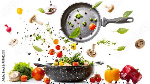 Fototapeta Naklejka Na Ścianę i Meble -  Fresh vegetables and spices flying into a pan on a white background. Vibrant cooking concept. Perfect for culinary design. High-speed photography. AI