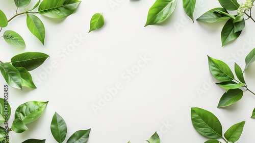 Blank white card green leaves on white background as botanical frame flatlay wedding invitation and holiday branding flat lay design concept : Generative AI