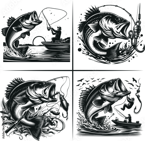 Bass fishing , Fisherman catching fish , Father's Day, fishing hooker ,Funny Fishing vector File