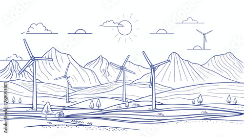 Wind turbines outline vector illustration. Blue linea