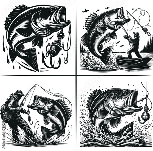 Bass fishing , Fisherman catching fish , Father's Day, fishing hooker ,Funny Fishing vector File