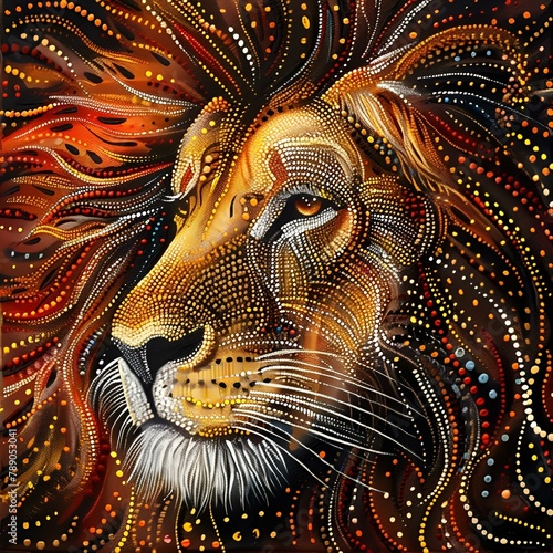 AI generated illustration of a lion painted in aboriginal style © Wirestock
