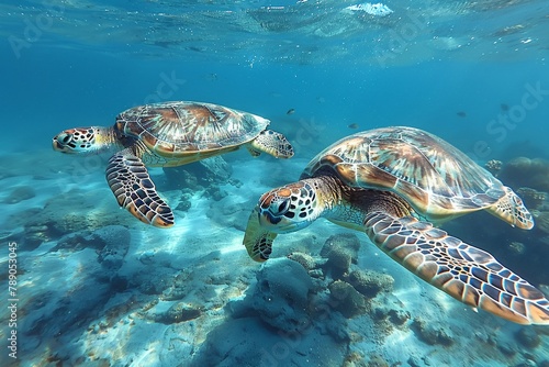 Sea turtles swimming in the sea photo