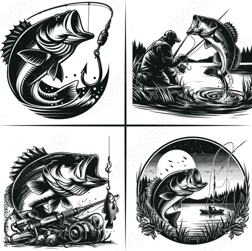 Bass fishing , Fisherman catching fish , Father's Day, fishing hooker ,Funny Fishing vector File
