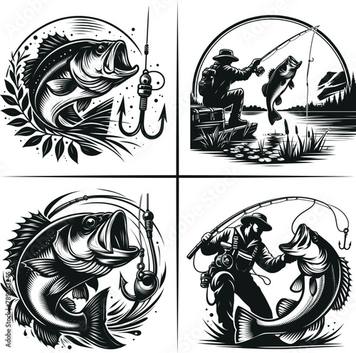 Bass fishing , Fisherman catching fish , Father's Day, fishing hooker ,Funny Fishing vector File