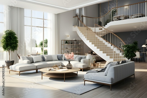  Modern interior design of a home, office, interior details, upholstered furniture against the background of the staircase to the second floor,, generated by AI. 3D illustration photo