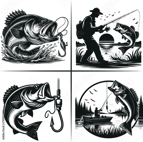 Bass fishing , Fisherman catching fish , Father's Day, fishing hooker ,Funny Fishing vector File