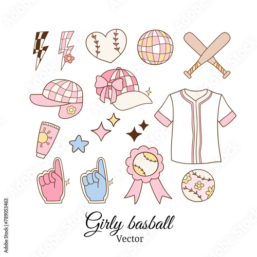 Draw collection pink girly baseball element Trendy soft girl Girlie sport © anchalee