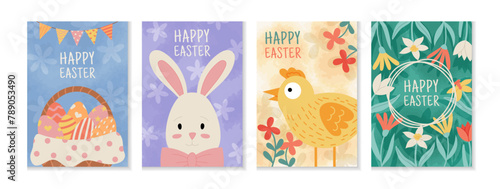 Easter watercolor. Spring card design with flower and bunny. Cute illustration rabbit, postcard with colorful egg. Background greeting, animal and floral poster, invitation bridal. Vector garish set