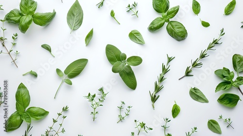 Fresh green basil and thyme herbs scattered on white background. Perfect for culinary design. Vibrant colors, natural layout. AI