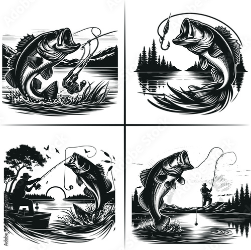 Bass fishing , Fisherman catching fish , Father's Day, fishing hooker ,Funny Fishing vector File