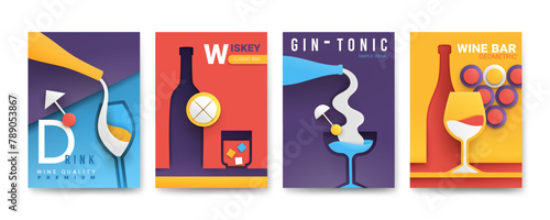 Wine abstract poster. Pattern design alcohol beverages, drink flyer, cut paper art, 3d Bauhaus style, creative geometric card frame, retro business decoration, whiskey and gin vector garish background